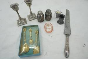 lot 149 image: Vintage Salt & Pepper , Souvenirs, Bread Knife, Candle Stick holders and more
