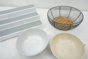 lot 151 image: Wire Basket, Shelf Organizer, & Rosebell & Frankoma Bowls