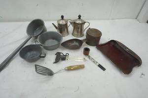 lot 175 image: Vintage metal items, water cups, small teapots, handle with plastic part