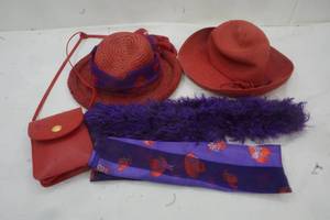 lot 214 image: Ladies Red Hats, Scarfs, and Red Purse