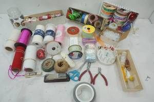 lot 235 image: Variety of Ribbon, Mesh, sewing tools, Box of Bow Pins and more