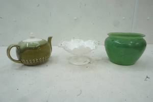 lot 285 image: Home Decor, Ceramic Tea Pot, Green planter and a white candy dish