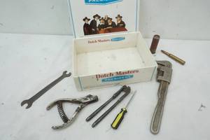 lot 312 image: Dutch Masters Cigar box with antique 9 wrench, and more