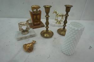 lot 318 image: Brass Candle sticks, 3 small trophies, Milk Glass Vase