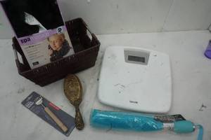 lot 324 image: Health & Beauty, Spa Massager, wicker basket, scale, umbrella, Vintage Brush and Back Scratcher