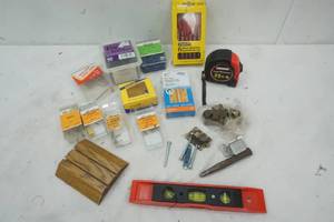 lot 339 image: Variety Hardware, different size screws, Hinges, tape, tape measure, and more