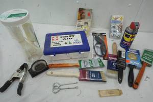 lot 356 image: Shop Supplies , First Aid Kit, Variety of Paint Brushes, container of tie straps, Clamp ad more