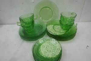 lot 358 image: Green Glassware, Tea cups, Plates, and Saucers