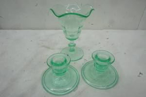 lot 359 image: Uranium glass candle Sticks and Ice Cream Stemware