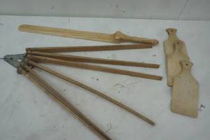 lot 364 image: Vintage Clothes Dryer, 3 mini wood cutting boards , lefsa Turner