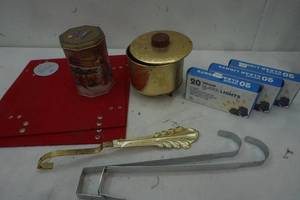 lot 371 image: Christmas Clear Lights, Red Fabric, 2 tins, Wreath holders