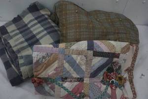 lot 382 image: Linens, Polyester Blanket, Wool blanket and lap Quilt