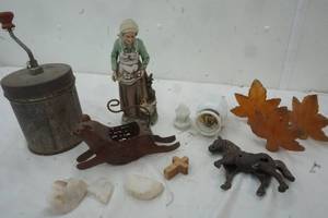 lot 439 image: Tin Can, Lady & Chicken Figure, leaves, cast iron horse, metal cat, quarts rocks, Milk Glass container with buttons