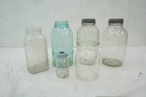 lot 444 image: Vintage canning Jars, glass baby bottle