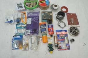 lot 464 image: Hardware, used Tape, New Glue, clamps, Timer, Wood Filler