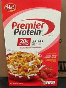 lot 85 image: Post Premier Protien Mixed Berry Almond Cereal 8 Boxes