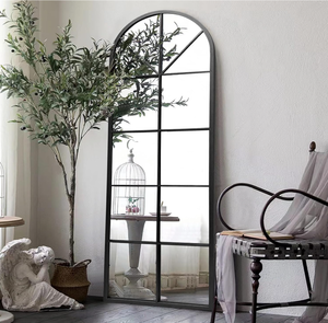 lot 99 image: Floor Full Length Mirror, Black Arched-Top, Large Window Pane Mirror, Wall Mounted Mirror