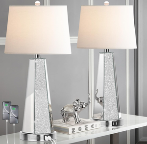 lot 102 image: LOT OF 2 Hamucd Mirrored Glass Bedside Table Lamps for Bedrooms with 2 USB Ports