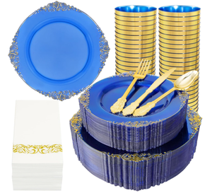 lot 222 image: 350 PCS Nervure Blue Plastic Plates - Blue Plastic Dinnerware Sets for 50 Guests