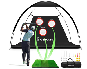 lot 114 image: Golfguru Golf Net, 10x7ft All in 1 Golf Practice Net with XL Tri-Turf Golf Mat