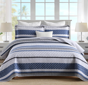 lot 118 image: Homzard Quilt King Size 100% Cotton Blue Floral Striped King Quilt Bedding Set