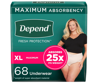 lot 121 image: Depend Fresh Protection Adult Incontinence & Postpartum Bladder Leak Underwear for Women, Disposable, Maximum, Extra-Large, Blush, 136 Count (4 Packs of 34)