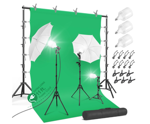 lot 127 image: LimoStudio 10 x 9.6 ft. Heavy Duty Backdrop Stand  10 x 20 ft. Green Background Screen  700W Continuous Output Umbrella Lighting Kit