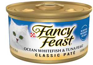 lot 136 image: Purina Fancy Feast Classic Pate Ocean Whitefish and Tuna Feast Classic Grain Free Wet Cat Food Pate - (Pack of 12) 3 oz. Cans