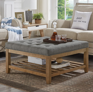 lot 44 image: 24KF Large Square Upholstered Tufted Linen Ottoman Coffee Table