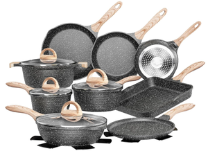 lot 308 image: 23 PCS JEETEE Pots and Pans Set Nonstick, Healthy Kitchen Cookware Sets, Induction Cooking Set WGray Granite Stone