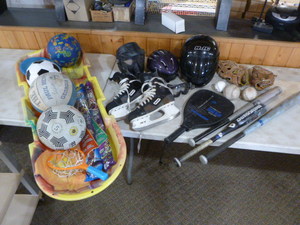 Assorted Childs Sporting Equipment with Mens Hockey Skates
