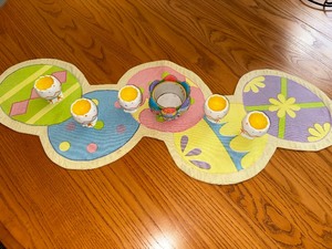 lot 10 image: Easter Decor - Colored Egg Table Runner, Egg Cups and Votive Holder