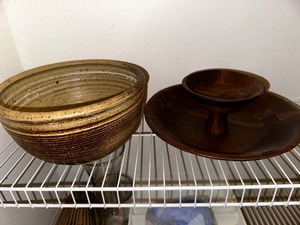lot 38 image: Handmade Vintage Brown Pottery Accent Bowl and Wood Chip and Dip Bowl