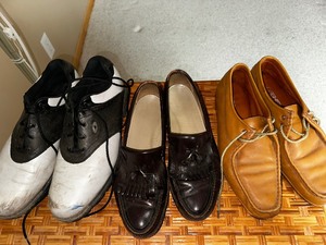 lot 41 image: Lot of Three Pairs of Mens Shoes, One New Balance Golf Shoes with Spikes Size 14N