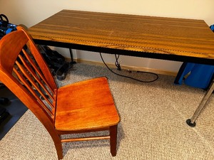 lot 99 image: Vintage MCM Industrial Table and Chair - Table Measuring 60 x 30