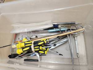 lot 84 image: Bin of Precision Screwdrivers and Assorted Tools