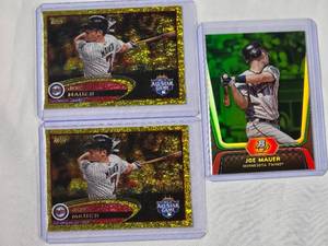lot 102 image: Lot of 3 Joe Mauer Gold & Green Foil - 2 of 2012 Topps All Star Game Gold US7, 1 of 2012 Green Bowman Platinum No. 2