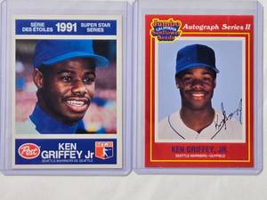 lot 131 image: Lot of 2 Ken Griffey Jr. 1991 Post Super Star Series No. 26 of 30 & 1991 Jumbo Sunflower Seeds Limited Edition 11 of 24