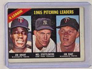 lot 158 image: 1965 American League Pitching Leaders Jim Grant, Mel Stottlemyer, Jim Katt - Topps No. 224