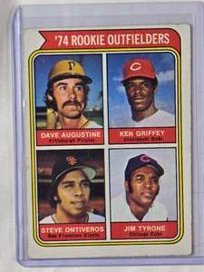 lot 184 image: Dave Augustine, Ken Griffey, Steve Ontiveros, Jim Tyrone 1974 Rookie Outfielders Topps No. 598