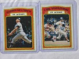 lot 199 image: Lot of 2 Vintage 1972 In Action Baseball Cards Harmon Killebrew No. 52 & Carl Yastrzemski No. 38