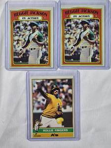 lot 204 image: Lot of 3 2 of Reggie Jackson 1972 In Action No. 436, 1 of Rollie Fingers 1976 Topps No. 405