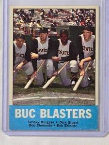 lot 214 image: Buc Blasters 1963 Topps No. 18 Smoky Burgess, Dick Stuart, Bob Clemente, Bob Skinner