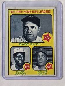 lot 218 image: All Time Home Run Leaders Babe Ruth, Hank Aaron, Willie Mays 1973 Topps No. 1