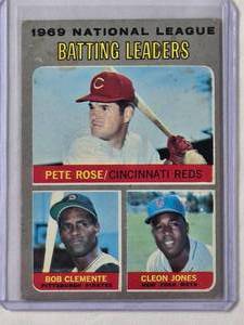 lot 223 image: 1969 National League Batting Leaders Pete Rose, Bob Clemente, Cleon Jones Topps No. 61