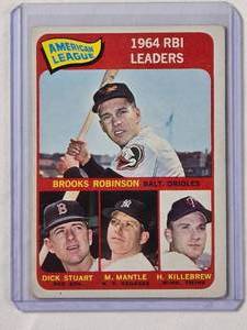 lot 228 image: 1964 American League RBI Leaders Brooks Robinson, Dick Stuart, Mickey Mantle, Harmon Killebrew Topps No. 5 Vintage Baseball Card