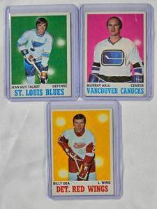 lot 294 image: Lot of 3 Vintage 1970-71 Topps Hockey Cards - Jean Guy Talbot No. 100, Murray Hall No. 118, Billy Dea No. 30