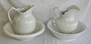 lot 20 image: Antique White Porcelain Wash Basin & Pitcher Sets -Homer Laughlin and California