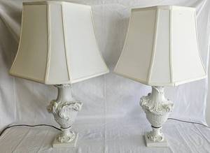 lot 22 image: Pair of Alabaster Flower Encrusted Lamps
