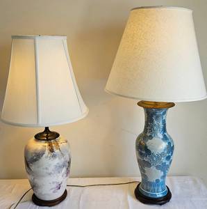 lot 32 image: Pair of Ceramic Lamps - Blue Flowers and Birds